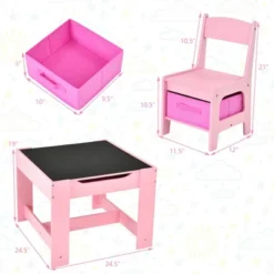 Costway 3 In 1 Kids Wood Table Chairs Set W/ Storage Box Blackboard Drawing Pink