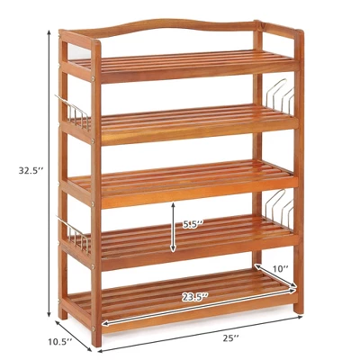 Costway 5-Tier Wood Shoe Rack Solid Acacia Wood Shoe Shelf With Side Metal Hooks 5 Costway 5-Tier Wood Shoe Rack Solid Acacia Wood Shoe Shelf With Side Metal Hooks - Image 5
