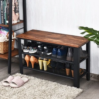3-Tier Shoe Rack,Industrial Shoe Bench With Storage Shelves For LivingRoom Brown 3 3-Tier Shoe Rack,Industrial Shoe Bench With Storage Shelves For LivingRoom Brown - Image 3