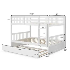 Costway Full Over Full Bunk Bed Platform Wood Bed W/ Trundle & Ladder Rail Brown/White