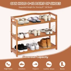 Costway 3-Tier Wood Shoe Rack Solid Acacia Wood Shoe Shelf With Side Metal Hooks -Costway Sales Store GUEST 3befcc64 7340 4600 bc8f 405f0b6c70c2