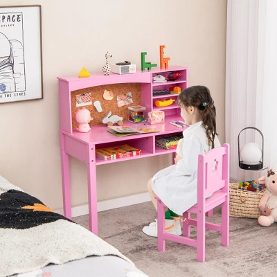Costway Kids Desk And Chair Set Study Writing Workstation With Hutch & Bulletin Board 1 Costway Kids Desk And Chair Set Study Writing Workstation With Hutch & Bulletin Board