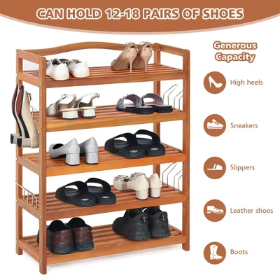 Costway 5-Tier Wood Shoe Rack Solid Acacia Wood Shoe Shelf With Side Metal Hooks 8 Costway 5-Tier Wood Shoe Rack Solid Acacia Wood Shoe Shelf With Side Metal Hooks - Image 8