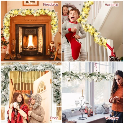 Costway 9ft Pre-lit Snowy Christmas Garland W/ Berries Poinsettia Flowers Timer 5 Costway 9ft Pre-lit Snowy Christmas Garland W/ Berries Poinsettia Flowers Timer - Image 5