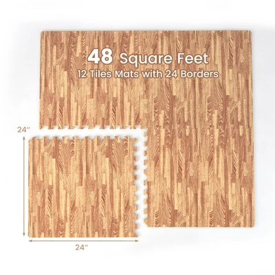 Costway 12 Tiles Wood Grain EVA Foam Floor Mats Interlocking W/Borders 24" Natural 2 Costway 12 Tiles Wood Grain EVA Foam Floor Mats Interlocking W/Borders 24" Natural - Image 2