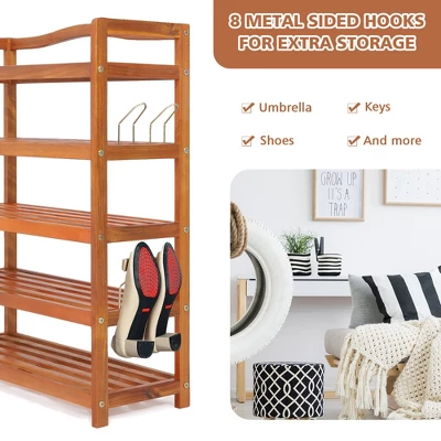 Costway 5-Tier Wood Shoe Rack Solid Acacia Wood Shoe Shelf With Side Metal Hooks 9 Costway 5-Tier Wood Shoe Rack Solid Acacia Wood Shoe Shelf With Side Metal Hooks - Image 9