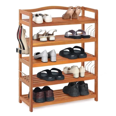 Costway 5-Tier Wood Shoe Rack Solid Acacia Wood Shoe Shelf With Side Metal Hooks 7 Costway 5-Tier Wood Shoe Rack Solid Acacia Wood Shoe Shelf With Side Metal Hooks - Image 7