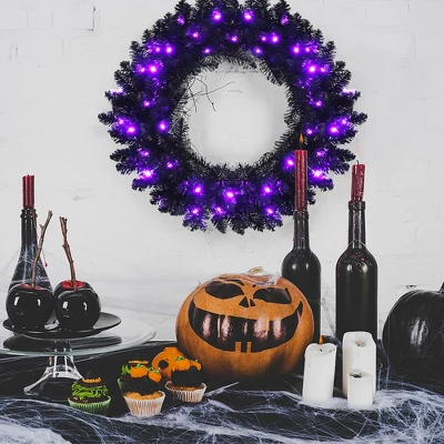 Costway 24inch Pre-lit Christmas Halloween Wreath Black W/ 35 Purple LED Lights 1 Costway 24inch Pre-lit Christmas Halloween Wreath Black W/ 35 Purple LED Lights