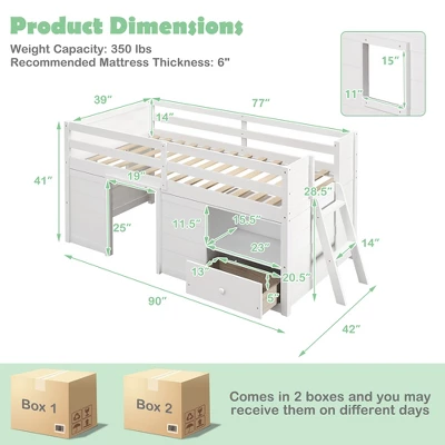 Costway Twin Size Low Loft Bed With Storage Drawer Activity Center Solid Wood Bed Frame 2 Costway Twin Size Low Loft Bed With Storage Drawer Activity Center Solid Wood Bed Frame - Image 2