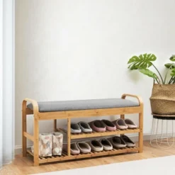 Costway Shoe Rack Entryway 3-Tier Bamboo Shoe Bench Organizer W/Cushion Modern Stool