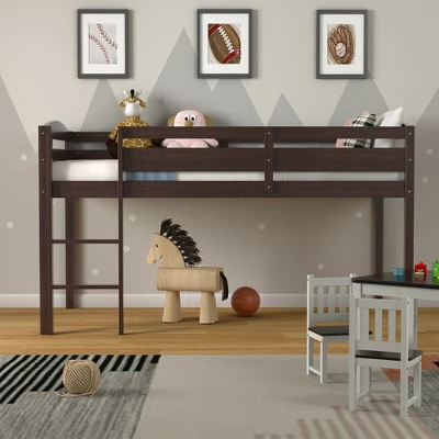 Costway Twin Low Loft Bunk Junior Bed Bedroom Wooden Guard Rail Ladder White/Espresso/Grey 1 Costway Twin Low Loft Bunk Junior Bed Bedroom Wooden Guard Rail Ladder White/Espresso/Grey