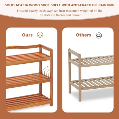 Costway 5-Tier Wood Shoe Rack Solid Acacia Wood Shoe Shelf With Side Metal Hooks 6 Costway 5-Tier Wood Shoe Rack Solid Acacia Wood Shoe Shelf With Side Metal Hooks - Image 6