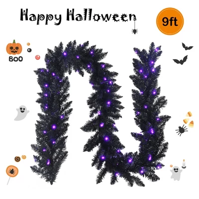 Costway 9ft Pre-lit Christmas Halloween Garland Black W/ 50 Purple LED Lights 3 Costway 9ft Pre-lit Christmas Halloween Garland Black W/ 50 Purple LED Lights - Image 3