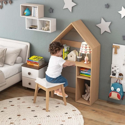 Costway Kids House-Shaped Table & Chair Set Wooden Toy Organizer Cabinet With Blackboard Grey/White 2 Costway Kids House-Shaped Table & Chair Set Wooden Toy Organizer Cabinet With Blackboard Grey/White - Image 2