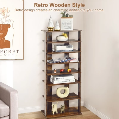 Costway Patented 7-Tier Double Shoe Rack Free Standing Shelf Storage Tower Rustic Brown 2 Costway Patented 7-Tier Double Shoe Rack Free Standing Shelf Storage Tower Rustic Brown - Image 2