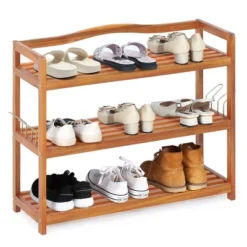 Costway 3-Tier Wood Shoe Rack Solid Acacia Wood Shoe Shelf With Side Metal Hooks -Costway Sales Store GUEST cd2dcfb8 c4d6 4a4e 84a1 aa53899c797f