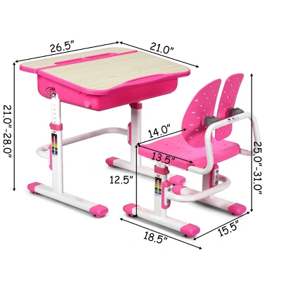 Costway Adjustable Children Study Desk Chair Set W/Winged Backrest Pink 7 Costway Adjustable Children Study Desk Chair Set W/Winged Backrest Pink - Image 7