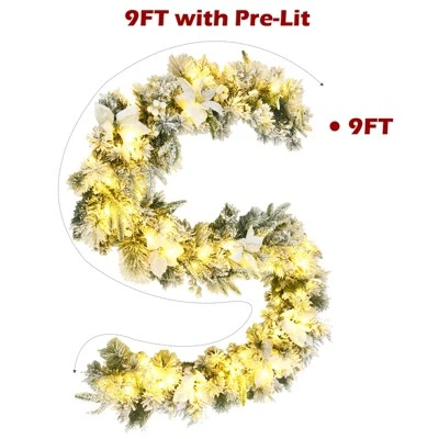 Costway 9ft Pre-lit Snowy Christmas Garland W/ Berries Poinsettia Flowers Timer 3 Costway 9ft Pre-lit Snowy Christmas Garland W/ Berries Poinsettia Flowers Timer - Image 3