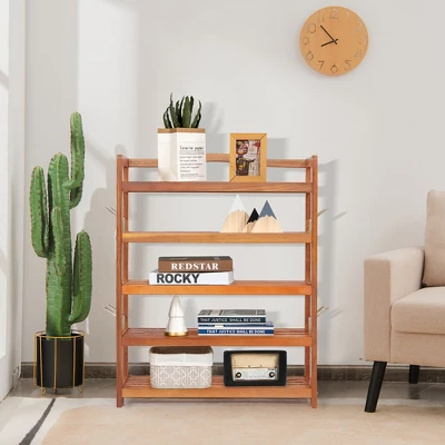 Costway 5-Tier Wood Shoe Rack Solid Acacia Wood Shoe Shelf With Side Metal Hooks 1 Costway 5-Tier Wood Shoe Rack Solid Acacia Wood Shoe Shelf With Side Metal Hooks