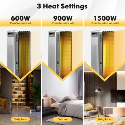 Costway 1500W Oil-Filled Radiator Heater Portable Electric Space Heater 3 Heat Settings 4 Costway 1500W Oil-Filled Radiator Heater Portable Electric Space Heater 3 Heat Settings - Image 4